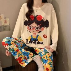 秋冬季长袖德绒卡通保暖可爱蓄热家居服睡衣女简约宽松家居服套装