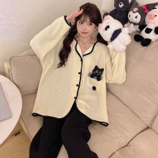 秋冬季仿棉华夫格可爱开衫长袖长裤保暖家居服套装睡衣女