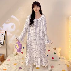 批发秋冬季长袖<b class='q'>睡裙</b>女中长款仿棉牛奶丝睡衣女<b class='q'>公主</b>风家居服女