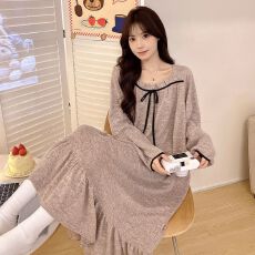 批发秋冬季长袖中长款<b class='q'>睡裙</b>女羊绒纯色保暖<b class='q'>公主</b>风家居服睡衣女