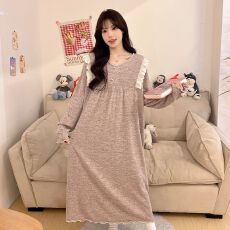 批发秋冬季长袖中长款<b class='q'>睡裙</b>女羊绒纯色保暖<b class='q'>公主</b>风家居服睡衣女