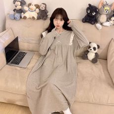 批发秋冬季长袖中长款<b class='q'>睡裙</b>女羊绒纯色保暖<b class='q'>公主</b>风家居服睡衣女