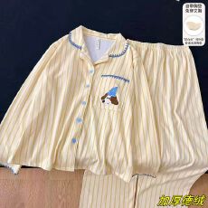 批发冬季新款睡衣女德绒260g翻领开衫长袖带胸垫甜美保暖家居服套装