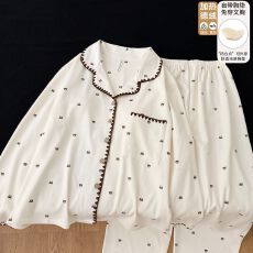 批发冬季新款睡衣女德绒260g翻领开衫长袖带胸垫甜美保暖家居服套装