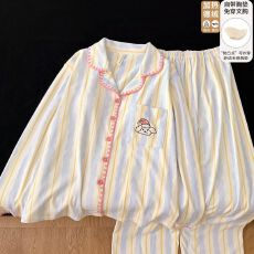 批发冬季新款睡衣女德绒260g翻领开衫长袖带胸垫甜美保暖家居服套装