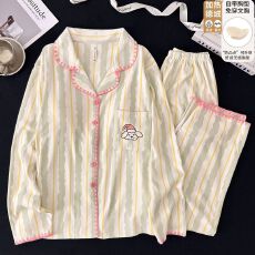 批发冬季新款睡衣女德绒260g翻领开衫长袖带胸垫甜美保暖家居服套装