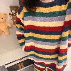 批发爆款秋冬季睡衣女ins风半边珊瑚绒彩条纹长袖家居服套装