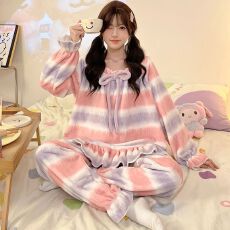 批发冬季新款方领可爱法兰绒保暖加厚加绒长袖长裤蝴蝶结睡衣女家居服