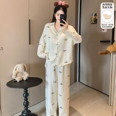 批发春季新款睡衣女双层纱翻领开衫宽松长袖长裤固定胸垫家居服套装