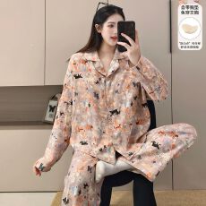 批发春季新款睡衣女双层纱翻领开衫宽松长袖长裤固定胸垫家居服套装