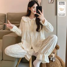 批发春季新款睡衣女双层纱翻领开衫宽松长袖长裤固定胸垫家居服套装