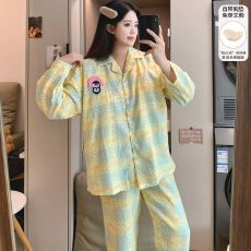 批发春季新款睡衣女双层纱翻领开衫宽松长袖长裤固定胸垫家居服套装