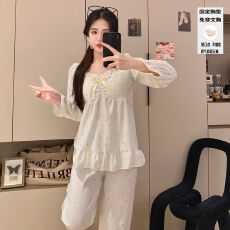 批发新款春季云朵棉带胸垫睡衣女长袖甜美公主宫廷风花边家居服两件套