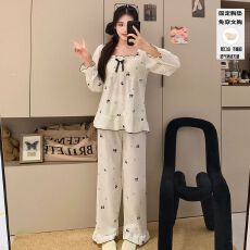 批发新款春季云朵棉带胸垫睡衣女长袖甜美公主宫廷风花边家居服两件套