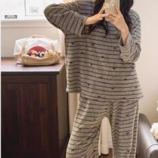 批发2026新款大量春夏季高密仿棉圆领长袖条纹<b class='q'>睡衣</b>女套装