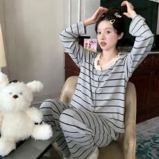 批发2026新款大量春秋季高密仿棉开衫长袖花边<b class='q'>睡衣</b>家居服