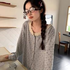 批发2026新款大量春秋季高密仿棉开衫长袖花边<b class='q'>睡衣</b>家居服