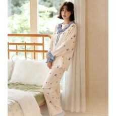 批发固定胸垫2026新款春秋季高密仿棉带荷叶领长袖<b class='q'>睡衣</b>家居服