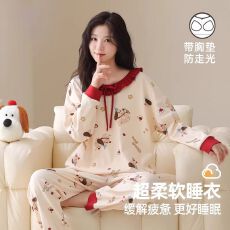 批发固定胸垫2026新款春秋季高密仿棉带荷叶领长袖<b class='q'>睡衣</b>家居服