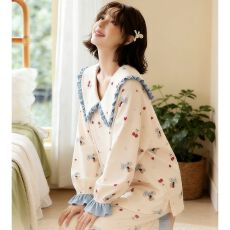 批发固定胸垫2026新款春秋季高密仿棉带荷叶领长袖<b class='q'>睡衣</b>家居服