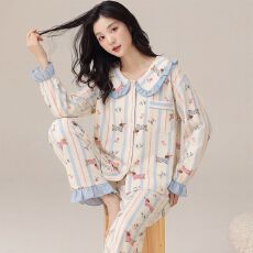 批发固定胸垫2026新款春秋季高密仿棉带荷叶领长袖<b class='q'>睡衣</b>家居服