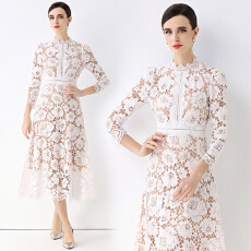 批发实拍8593#法式轻奢名媛圆领<b class='q'>连衣裙</b>绝美千金风镂空蕾丝收腰显瘦裙