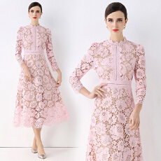 批发实拍8593#法式轻奢名媛圆领<b class='q'>连衣裙</b>绝美千金风镂空蕾丝收腰显瘦裙