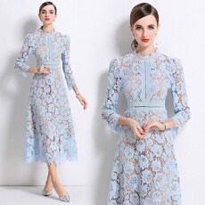 批发实拍8593#法式轻奢名媛圆领<b class='q'>连衣裙</b>绝美千金风镂空蕾丝收腰显瘦裙