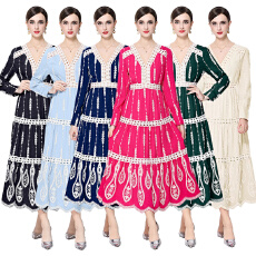 批发实拍法式复古修身型<b class='q'>连衣裙</b>女春季长袖V领收腰显瘦气质A字裙