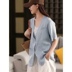批发官图复古敦实棉麻短袖西装<b class='q'>外套</b>女<b class='q'>夏季</b>单排扣开衫外搭上衣