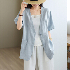批发实拍复古敦实棉麻短袖西装<b class='q'>外套</b>女<b class='q'>夏季</b>单排扣开衫外搭上衣