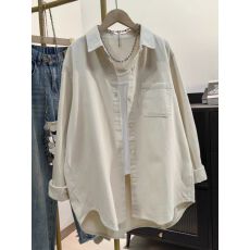 批发米白色全棉加厚衬衫女春秋新款韩版休闲宽松上衣<b class='q'>中长款</b>工装<b class='q'>外套</b>