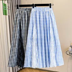 批发实拍2026夏季新款高腰a字长裙蓝色格子拼接蕾丝不规则半身裙