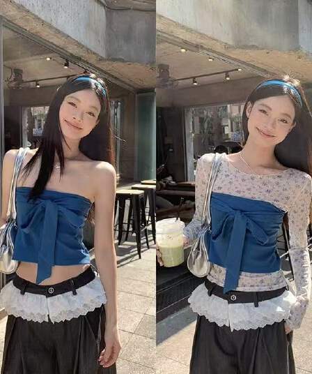 송 긍정적 인 En 달콤한 스타일 꽃무늬 망사 라운드 넥 긴팔 티셔츠 여성 봄 스택 착용 나비 매듭 튜브탑 투피스 세트