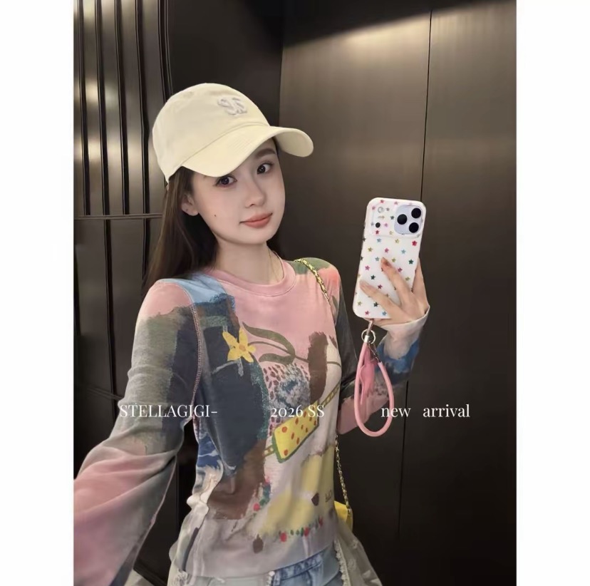 구오 힘 힘 ss 고급 센스 헤일로 염색 트로이 목마 낙서 자외선 차단 라운드 넥 긴팔