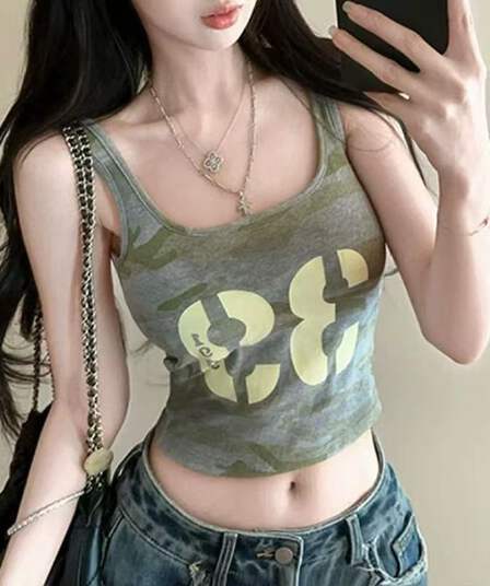 아메리칸 핫걸 카모플라주 프린트 캐미솔 다용도 알파벳 프린트 맨위