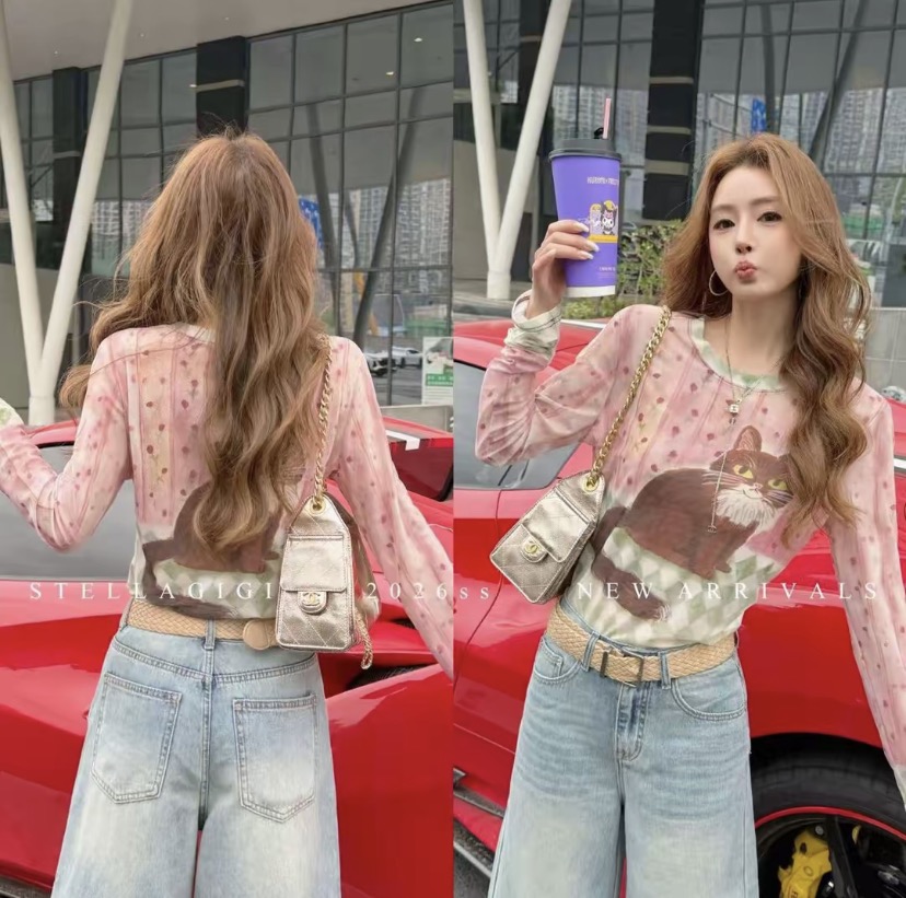 양 에 따르면 샨 레트로 고양이 프린트 헤일로 염색 망사 긴팔 자외선 차단 티셔츠