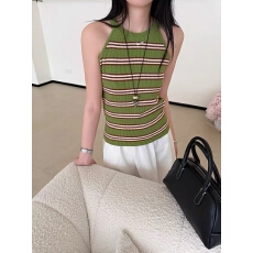 批发韩版圆领撞色条纹挂脖无袖针织背心女夏季修身显瘦<b class='q'>百搭</b>打底衫上衣