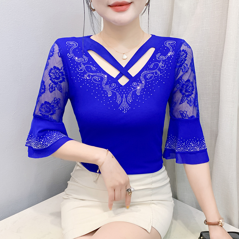 실사 2026 여름 새로운 망사 패션 홀로우 아웃 핫픽스 섹시함 다용도 슬림해 보이는 7부 소매 자외선 차단 여성 셔츠