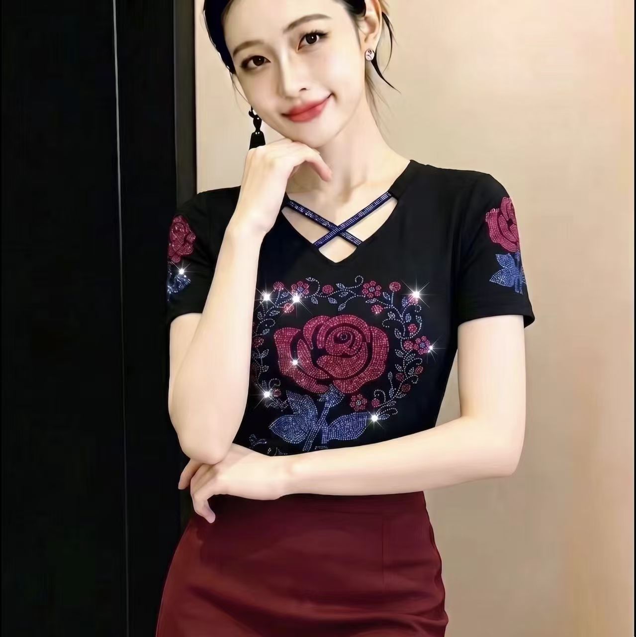 실사 2026 여름 새로운 무거운 공예 다이아몬드 세팅 이중층 얼음 실크 망사 반팔 패션 다용도 티셔츠 여성 셔츠