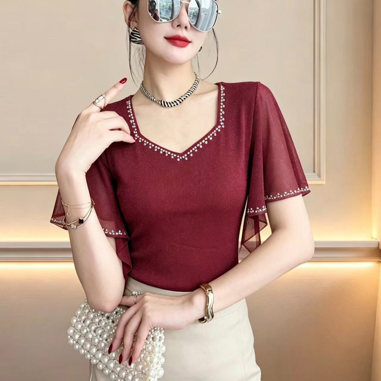 RY7150# 2026夏季新款原创重工镶钻双层网纱短袖女气质显瘦洋气飞袖...
