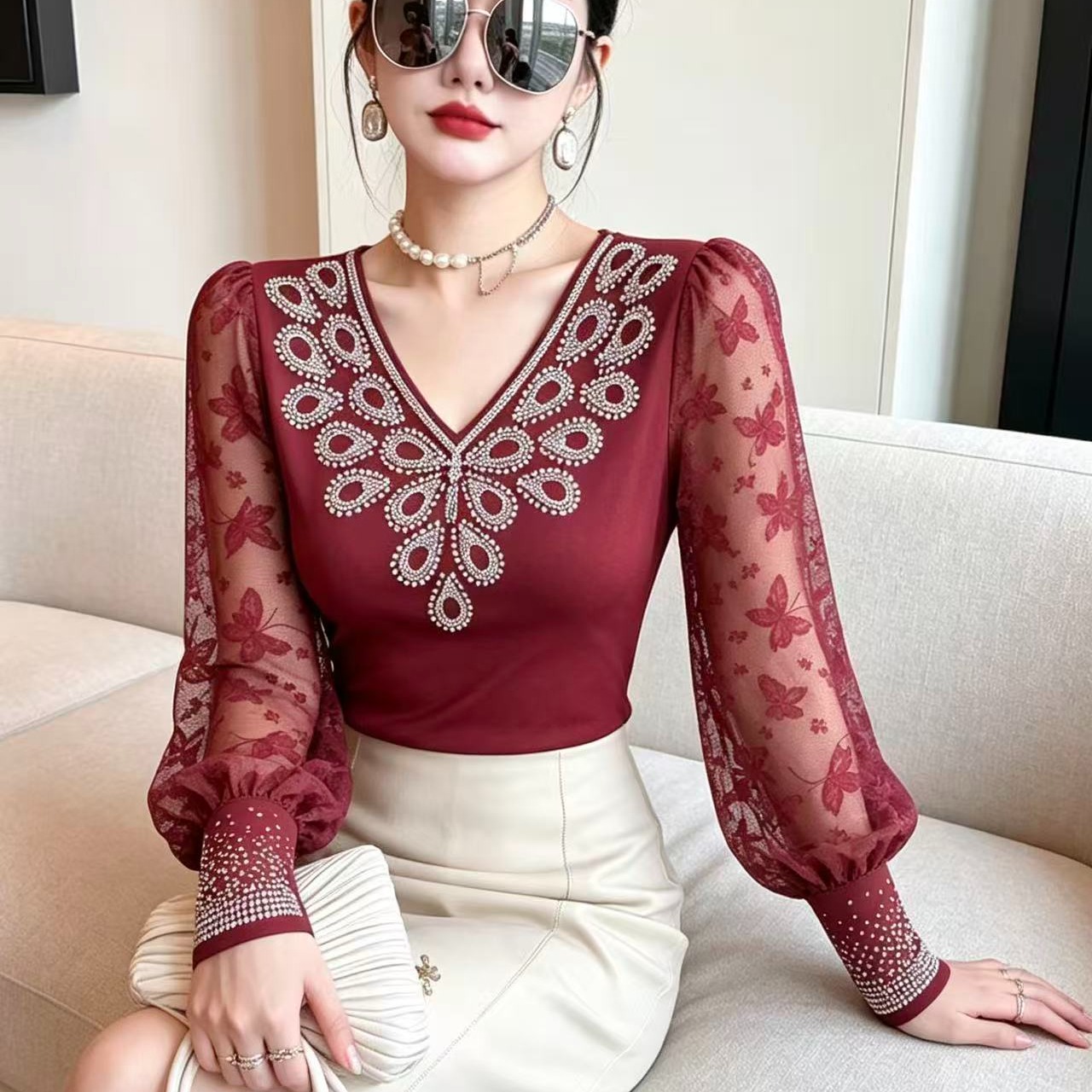 秋季新款欧洲站重工烫钻网纱修身显瘦打底衫蕾丝长袖女潮 服裝批發女裝批發服飾貨源