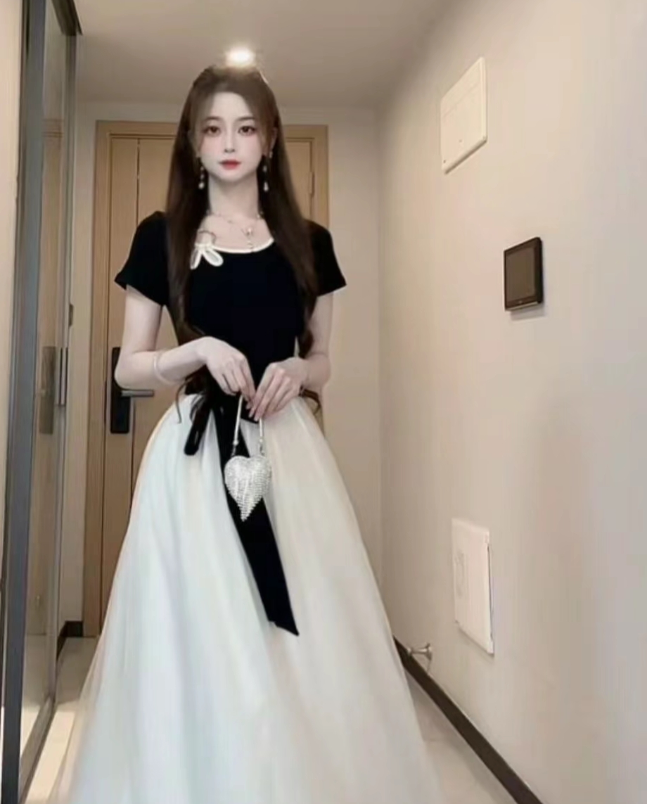 꿈 그것 춤 프랑스식 고급 센스 광장 칼라 패치워크 반팔 슬림해 보이는 드레스