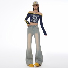 批发美式微喇牛仔裤女2025秋季新款复古<b class='q'>高腰</b>显瘦磨白弹力拖地喇叭<b class='q'>长裤</b>