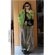 批发美式复古豹纹高腰弯刀牛仔裤女<b class='q'>秋</b>冬新款宽松显瘦垂感直筒拖地长裤