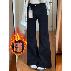 批发<b class='q'>黑色</b>不贴腿微喇<b class='q'>牛仔裤</b><b class='q'>女</b>秋季宽松显瘦梨形身材阔腿喇叭<b class='q'>裤</b>