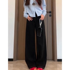 批发黑色阔腿<b class='q'>牛仔裤</b>女秋季新款复古高腰显瘦宽松美式直筒拖地长裤子