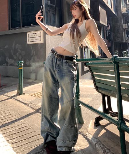 남쪽 기름 아메리칸 레트로 높음 거리 넓은 다리 청바지 여성 2026 봄 하이웨이스트 루즈핏 디자인 센스 바닥 청소 스트레이트 팬츠
