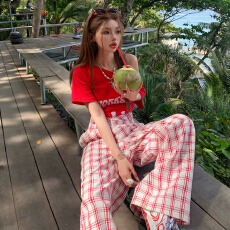 批发春夏新款格子休闲裤 2 色美式高腰排扣 宽松慵懒风百搭阔腿女裤