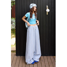 批发宽松垂感直筒阔腿休闲裤 美式复古格子慵懒风 抽绳松紧腰百搭女裤